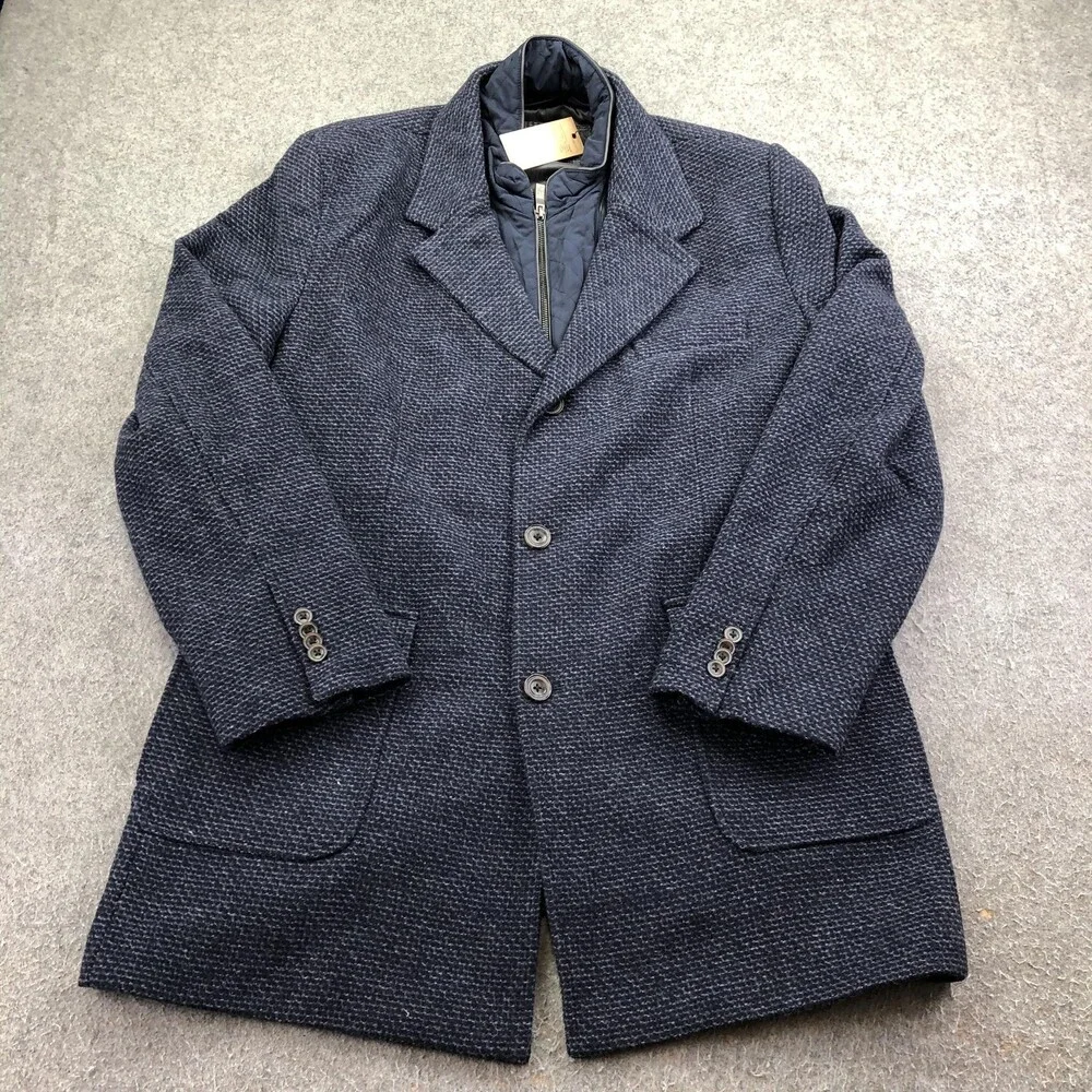 Johnston & Murphy Coat Mens Large Blue Wool Check Tweed Quilted Lined Overcoat